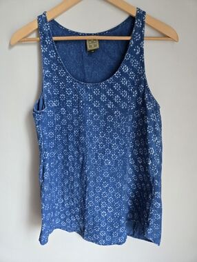 MAIWA Blue Floral Scoop Neck Linen Tank Top